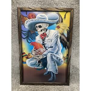 Calavera Skeleton Charro Rooster Mexican Theme ArtWork Wooden Rustic Frame 36x24